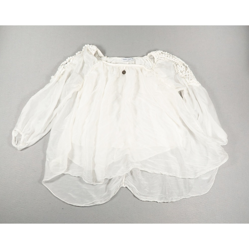 Tempo Paris Womens Blouse Silk Cold Shoulder Crochet Trim White Small Boho